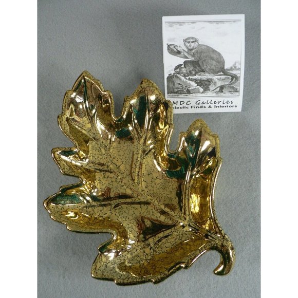 Dish Leaf Shaped Candy Vanity Trinket Pin Soap Bright Gold Tone Crackle Finish - Picture 8 of 9